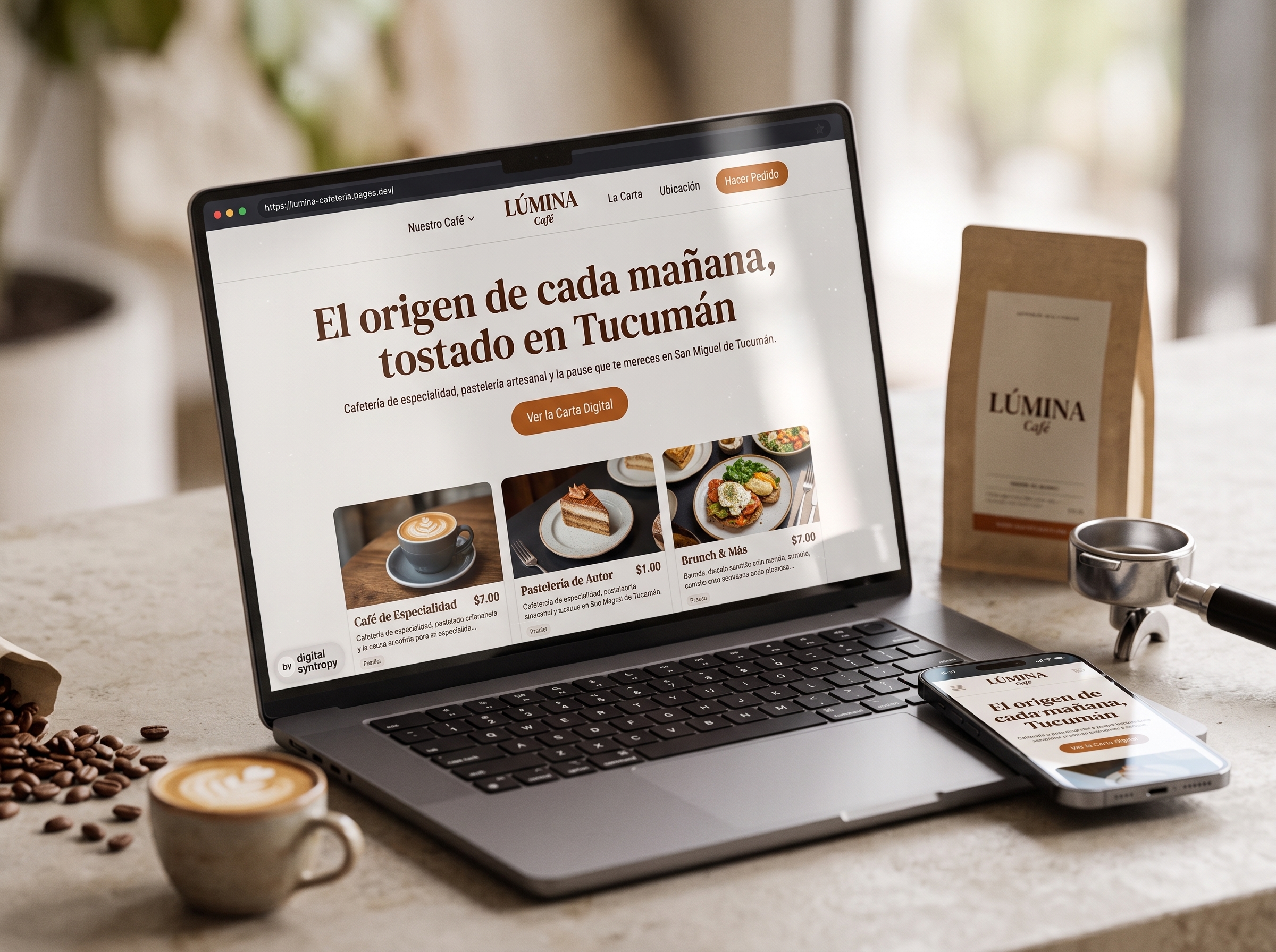 Mockup del sitio web Lumina Café de Especialidad desarrollado por Digital Syntropy